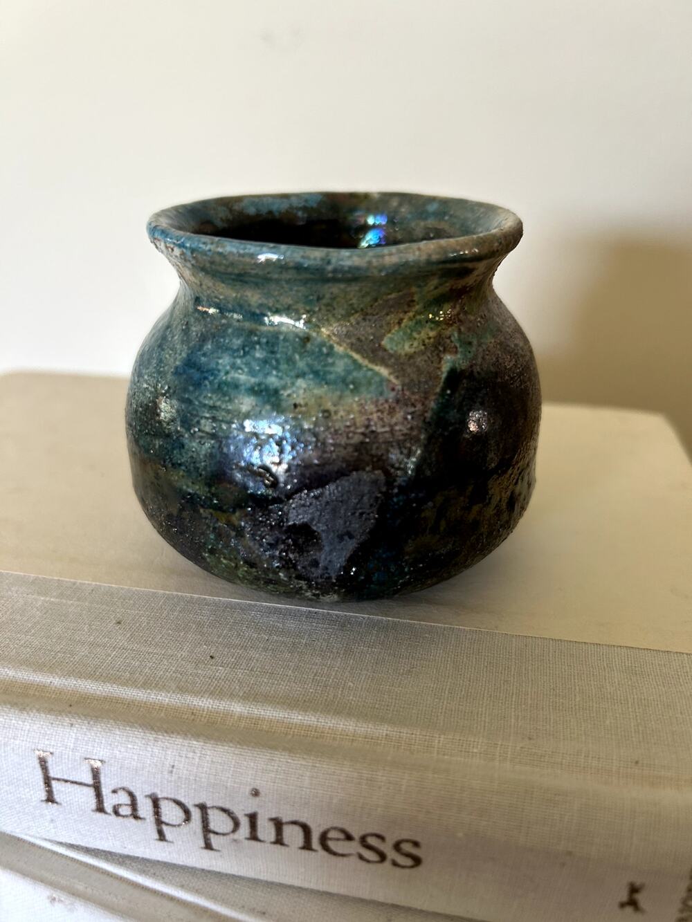 Small Studio Pottery Ceramic Vase Dark Green Blue Iridescent Glaze
